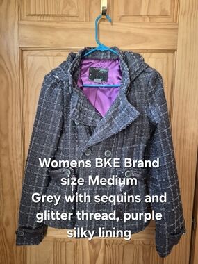 BKE Gray Tweed Pea Coat with Purple Satin Lining